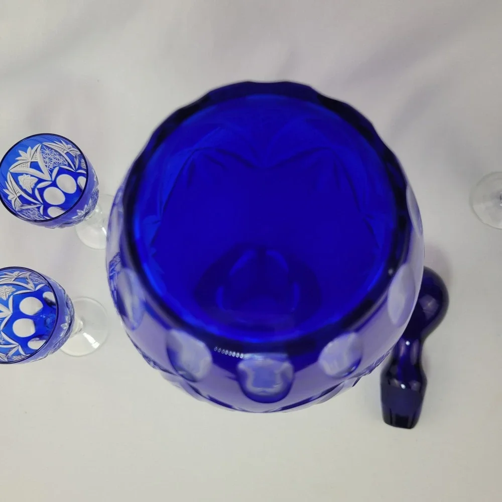 Vintage Bohemian Cobalt Blue Cut to Clear Crystal Decanter 5 Cordial Glasses Set